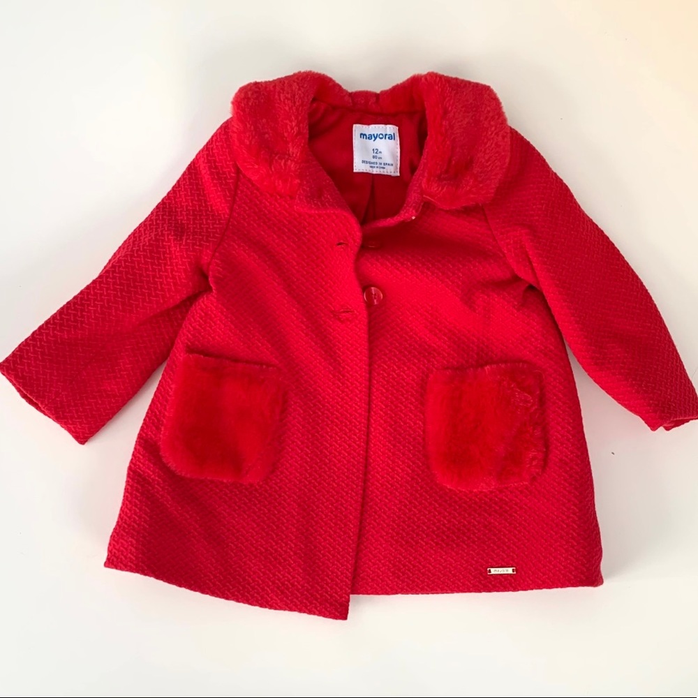 Mayoral Red Knit & Faux Fur Coat holiday Christmas